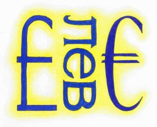 Pound sterling, lev and euro currency symbols
